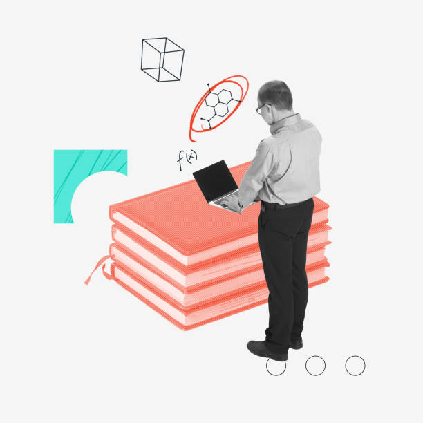 istock Contemporary art collage. Conceptual image. Young man, student doing chemistry homework on laptop. Internet assistance 1439778370