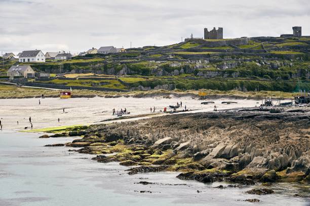 landscape of inisheer covered in buildings and greenery under a cloudy sky in ireland - inisheer imagens e fotografias de stock