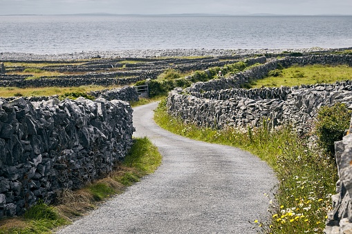 A pathway in Inisheer surrounded by rocks and the sea under the sunlight in Ireland