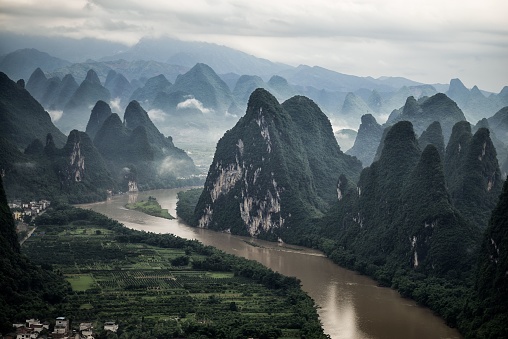 An aerial shot of Li River and Mashan Mountain in Yangshuo County, Guilin