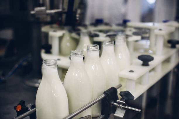 selektywne ujęcie ostrości rozlewni mleka - milk industry milk bottle factory zdjęcia i obrazy z banku zdjęć