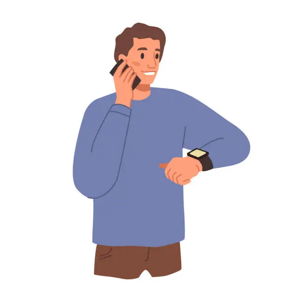 Vector illustration of Guy talking on smartphone and looking at watch checking time. Man with gadget for life improvement and convenience. Flat cartoon character, vector in flat style