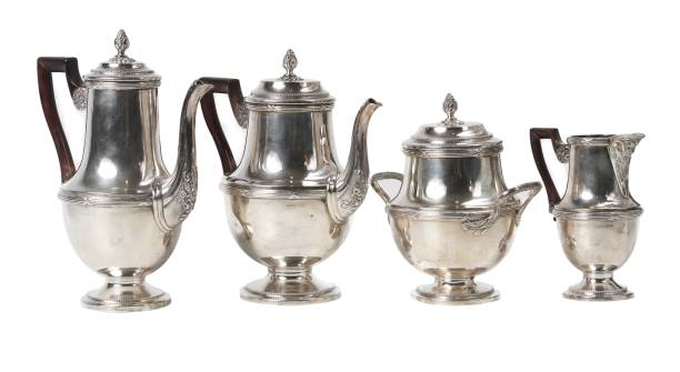 istock Vintage silver teapot set on white background 1439781636