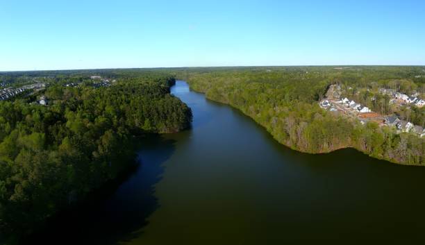 istock Drone view of a wide river surrounded by dense forests under the blue sky 1439782081