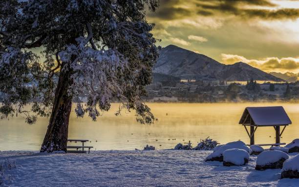 foto de tirar o fôlego do lago wanaka na vila de wanaka, nova zelândia - bench winter snow mountain - fotografias e filmes do acervo