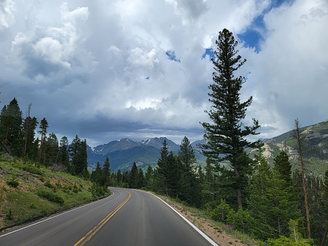 A road passing through the forest with mountains in the background under a cloudy sky