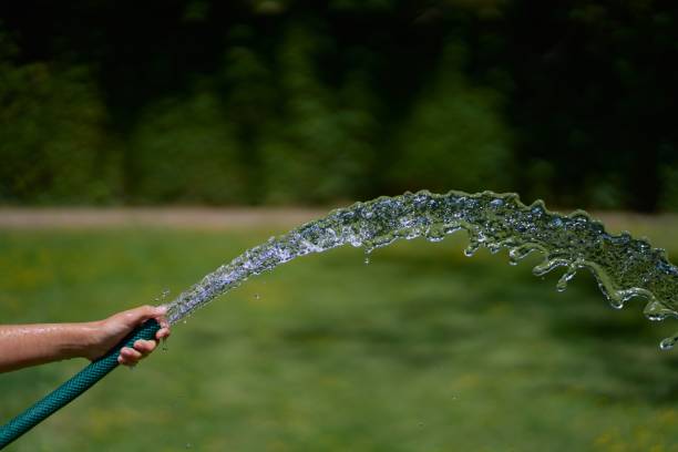 istock Selective focus shot of a hose water stream 1439784597
