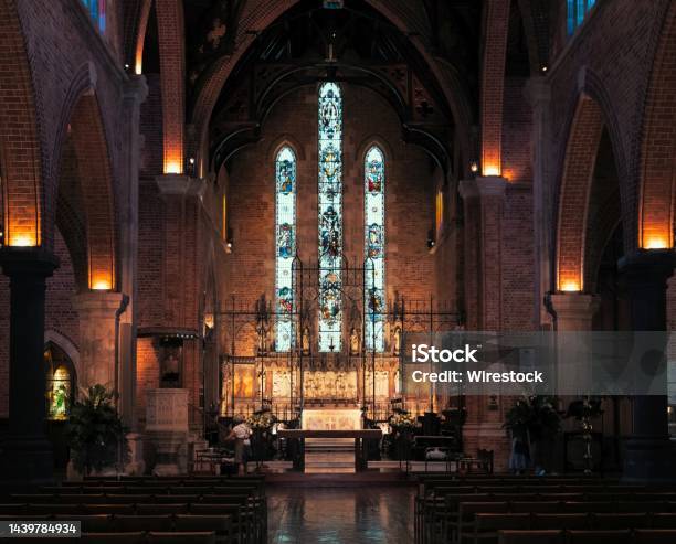 Hallway Of The St Georges Cathedral Covered In Lights In Perth Western Australia Stock Photo - Download Image Now