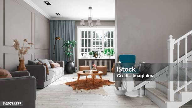 Stair Lift In A Modern House Stock Photo - Download Image Now - Stair Lift, Home Interior, Residential Building
