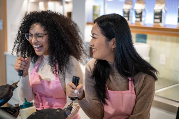 istock Diverse Group Employee Friends Enjoy Coffee Shop Cafe Work Employee Worker Waffle Making Lattes Cappuccinos 1439786823