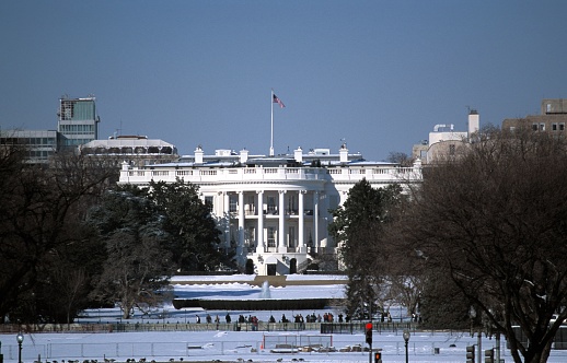 A view of the White House showing the eastern facade in winter