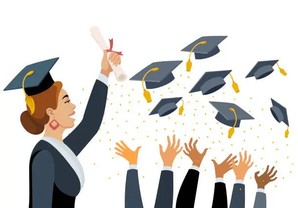 Vector illustration of Young African American Woman at graduation. Students throw graduation caps in the air.