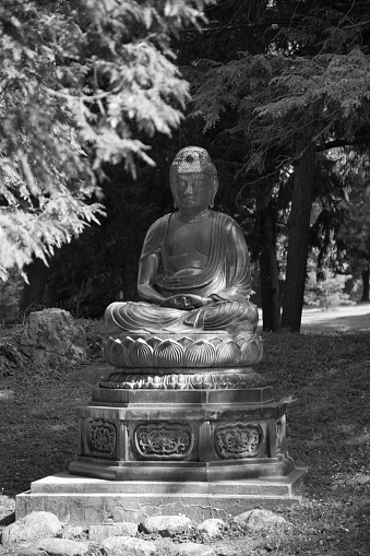 A vertical shot of seated stone Buddha statue in the park