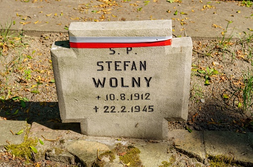 Poznan, Poland – July 22, 2022: The gravestone of a Polish World War 2 soldier Stefan Wolny at a graveyard in Cytadela park