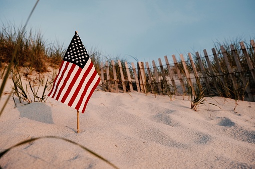 A closeup of the US flag in the sand surrounded by greenery and wooden fences