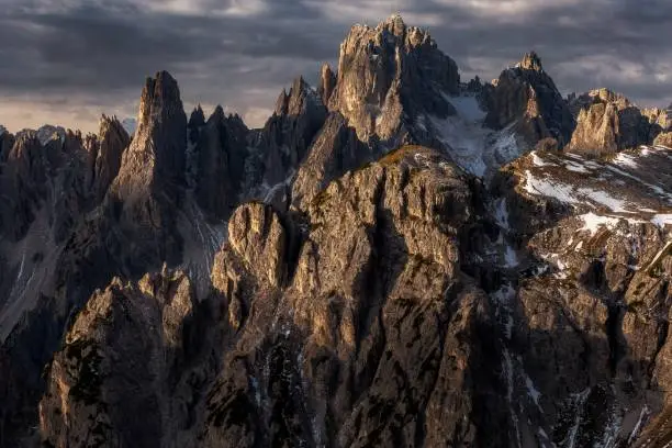 A closeup shot of the snowy rocks of the Mountain Cadini di Misurina in Italian Alps