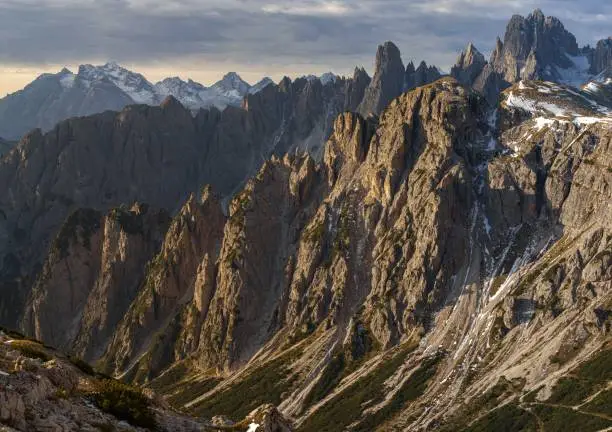 A closeup shot of the snowy rocks of the Mountain Cadini di Misurina in Italian Alps