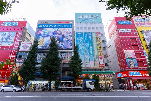 Akihabara, Japan – September 18, 2020: Akihabara, Japan- September 18, 2020: Colorful buildings line the street in Akihabara.