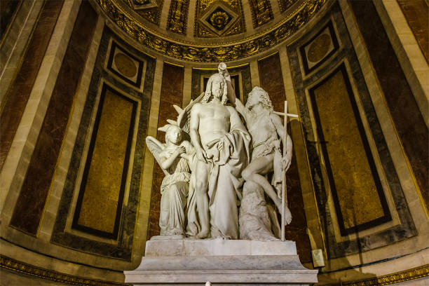 Symbolic sculptures at famous madeleine church, paris, france