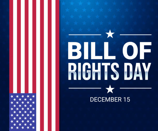 Bill of Rights Day Wallpaper with the American Flag on the side and a blue patriotic theme backdrop. Bill of rights day background design Bill of Rights Day Wallpaper with the American Flag on the side and a blue patriotic theme backdrop. Bill of rights day background us constitution stock illustrations