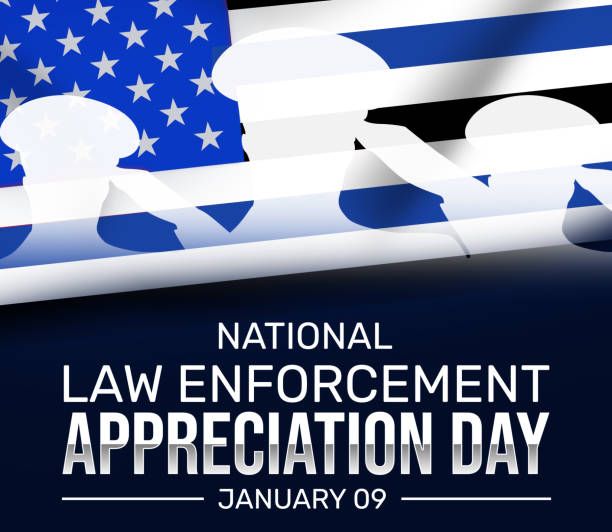 ilustrações de stock, clip art, desenhos animados e ícones de law enforcement appreciation day background with saluting sillhoutte in the backdrop. american law enforcement day wallpaper design - sillhoutte