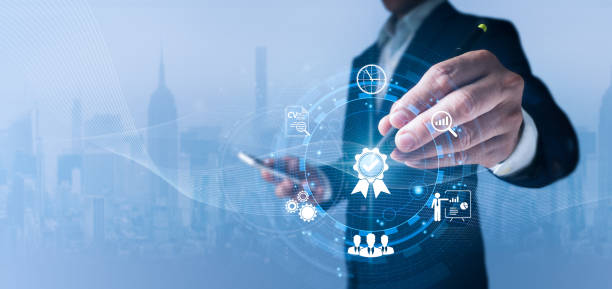 Quality assurance, Guarantee, Standards, ISO certification and standardization concept, satisfaction, service experience are all represented by the hand.