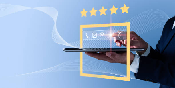istock A man indicates an operator's symbol, which includes icons for after-sales services. Customer satisfaction communication channel 1439794550