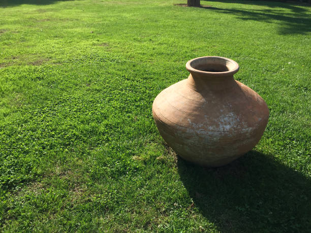 Beautiful, large terracotta vase in the garden at sunset.