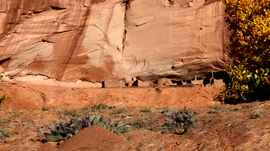 The tall sandstone cliffs with the stain of varnish highlight the ancient cliff dwellings in Canyon de Chelly