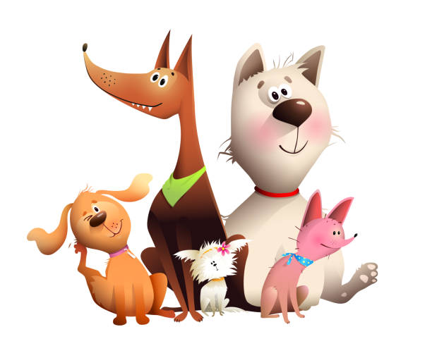 ilustraciones, imágenes clip art, dibujos animados e iconos de stock de grupo de perros divertidos sentados juntos tienda de mascotas clipart - grooming