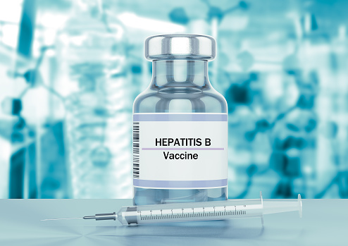 Hepatitis B vaccine ampoule and syringe for drug injection. Laboratory table. 3D illustration