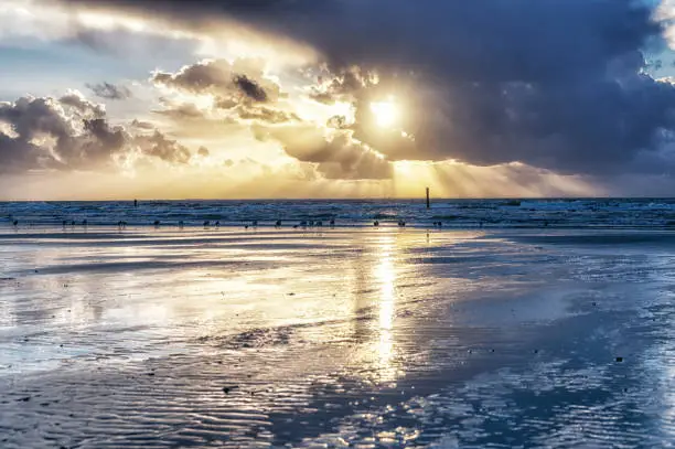 Sunset at beach on Ameland Island in the Netherlands