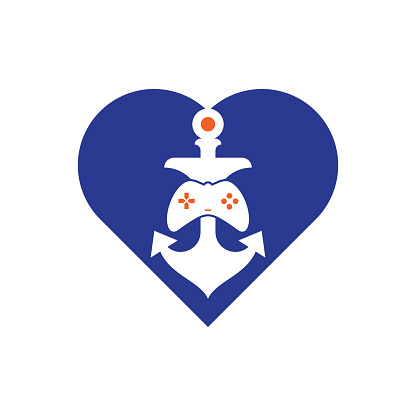 Game anchor heart shape concept logo template. Joystick and anchor logo. Joystick and anchor icon.