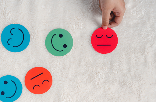 Hand selected angry or sad  face paper cut which is among various emotions, feedback rating , customer review, balance emotion control,mental health assessment, bipolar disorder unhappy of life concept