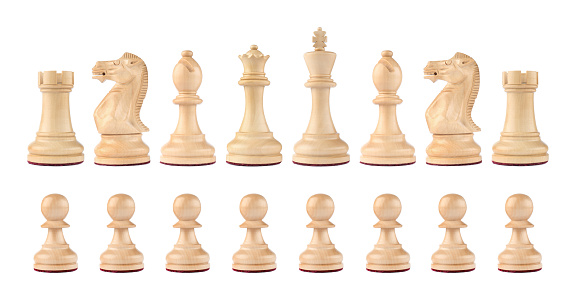 Set with wooden chess pieces on white background. Banner design