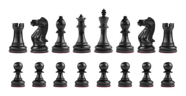 istock Set with black chess pieces on white background 1439801405