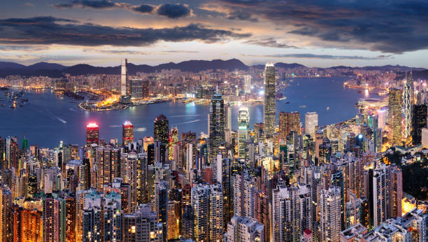 Hong Kong skyscrapers at night, China stock photo
