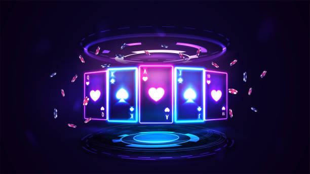 ilustrações, clipart, desenhos animados e ícones de neon casino jogando cartas com fichas de poker em holograma de anéis digitais em cena escura vazia - club suit