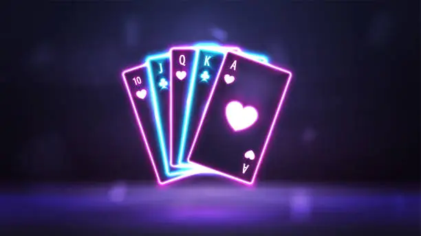 Vector illustration of Pink and blue neon playing cards in dark empty scene. Neon casino elements