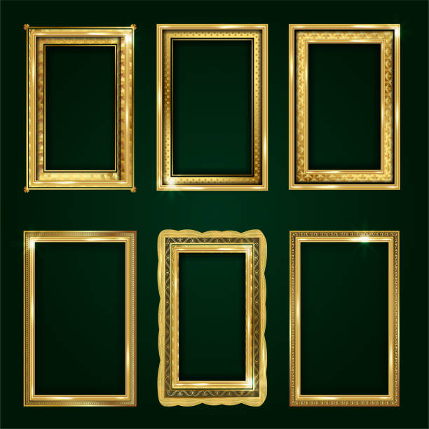 illustrations, cliparts, dessins animés et icônes de peinture vide ou cadre photo avec des bordures en bois gravées et sculptées dorées. - picture frame classical style elegance rectangle