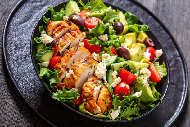 istock Mediterranean grilled Chicken Salad in black bowl 1439803843