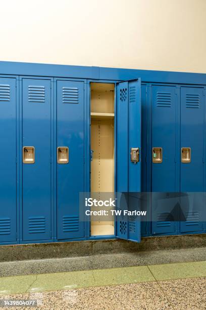 Blue Locker Open Single Open Empty Blue Metal Locker Along A Nondescript Hallway In A ...
