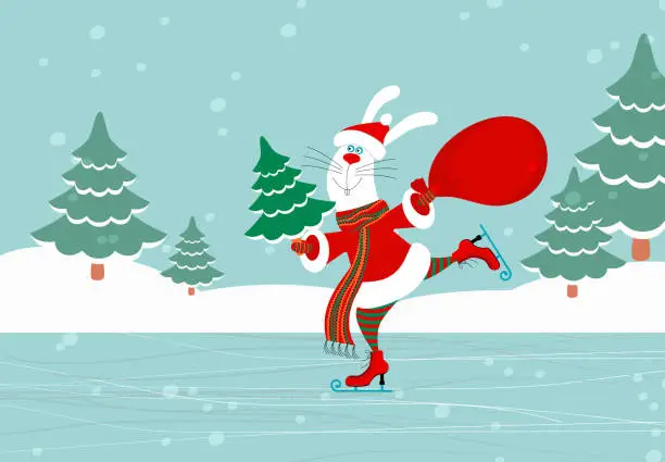 Vector illustration of A funny smiling bunny or rabbit wearing santa claus clothes holding big red bag with gifts and green christmas tree is skating on ice in front of fir forest in background. Editable vector illustration