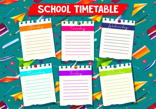 Vector illustration of Concept of daily planning, class calendar in cartoon style. Weekly schedule of classes and lessons on the background of school subjects and supplies on the background of the chalkboard.
