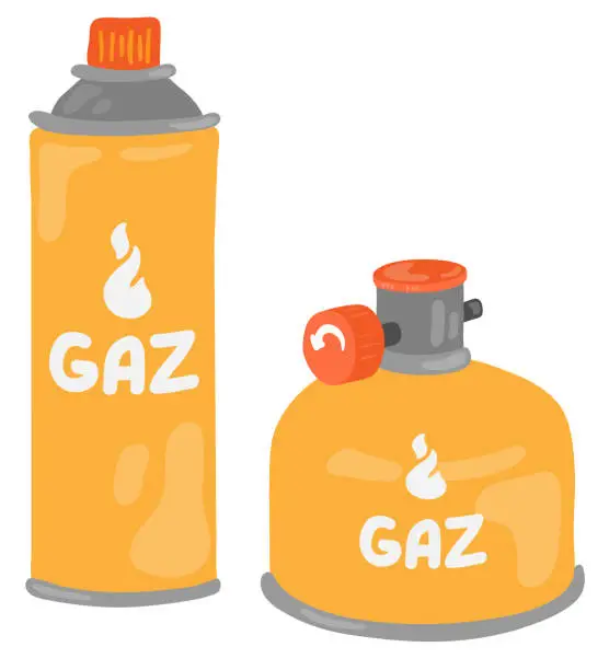Vector illustration of Two gas camping cylinders. Trekking equipment. Hand drawn vector illustration. Suitable for website, stickers, postcards.