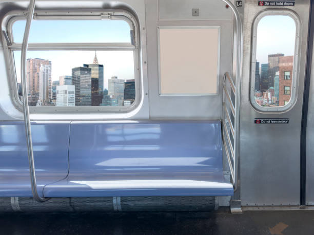 sedili della metropolitana e cartellone vuoto - vehicle interior indoors window chair foto e immagini stock