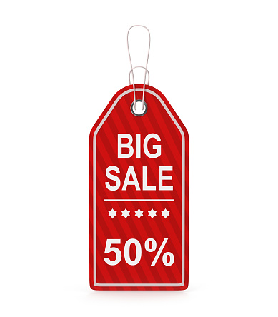 Big Sale Tag 50 Percent , This is a 3d rendered computer generated image. Isolated on white.
