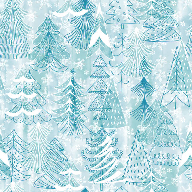 Seamless pattern with  Christmas trees, snowflakes on blue watercolor background. Festive illustration. Vector. Perfect for invitations, postcards, wallpaper, wrapping and textile. Vector seamless pattern with snowflakes and Christmas trees.  Hand drawn illustration with different  Christmas trees on blue watercolor background. multiple christmas trees stock illustrations