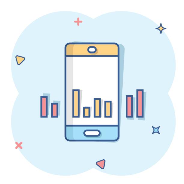 istock Phone diagram icon in comic style. Smartphone growth statistic cartoon vector illustration on white isolated background. Gadget analytics splash effect business concept. 1439807224