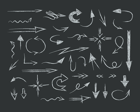 Big set of doodle icons of choice, arrows, pointers, directions in chalk on a blackboard. Text highlight elements drawn by hand in pencil. Vector illustration
